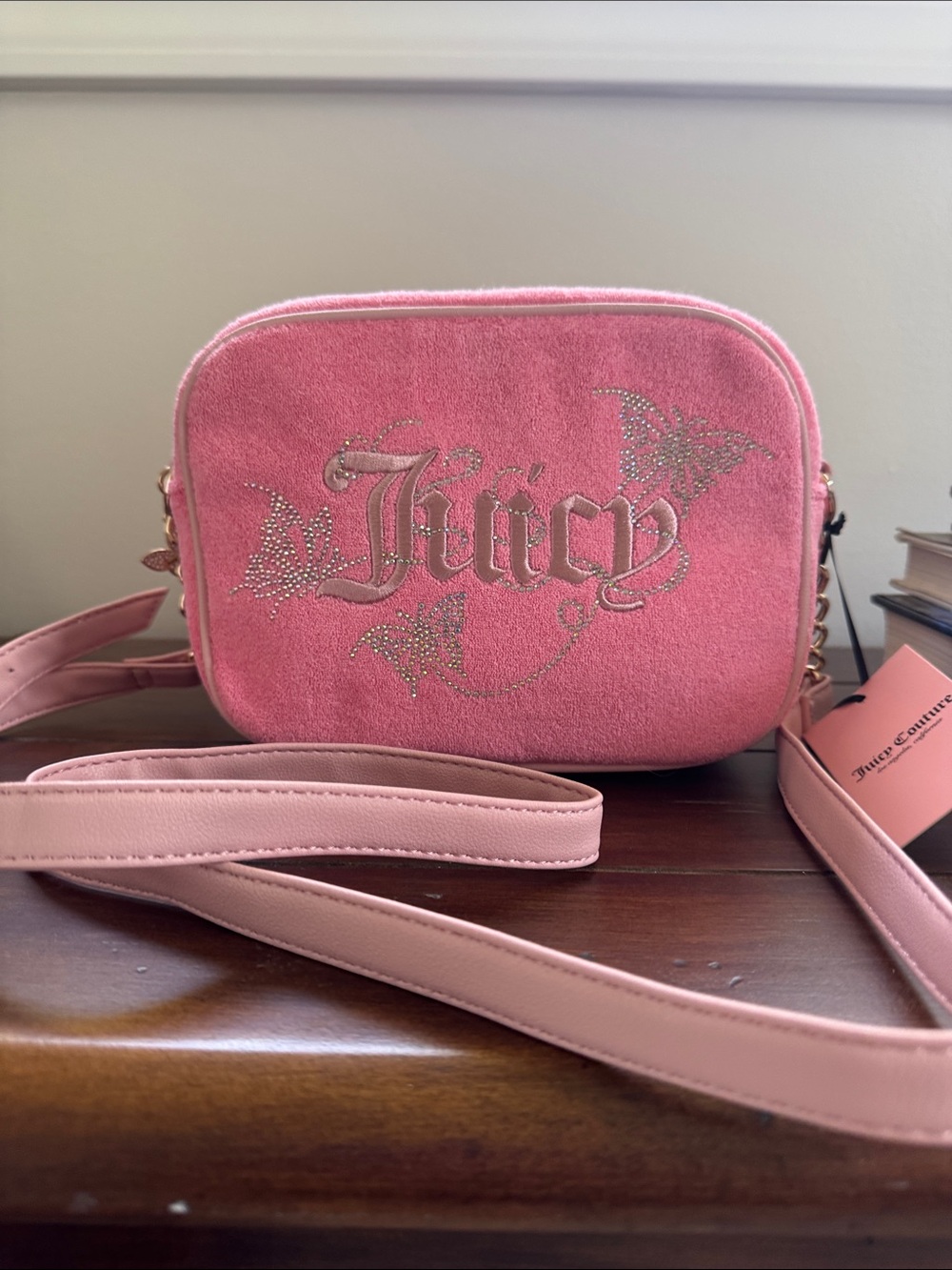 Juicy Couture NWT Pink Suede Crossbody with Crystal Logo